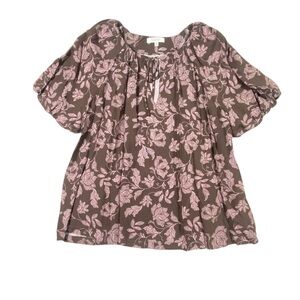 Angels Women’s Floral Blouse Womens M Brown Pink Puff Sleeves Tie Neck Flowy NWT